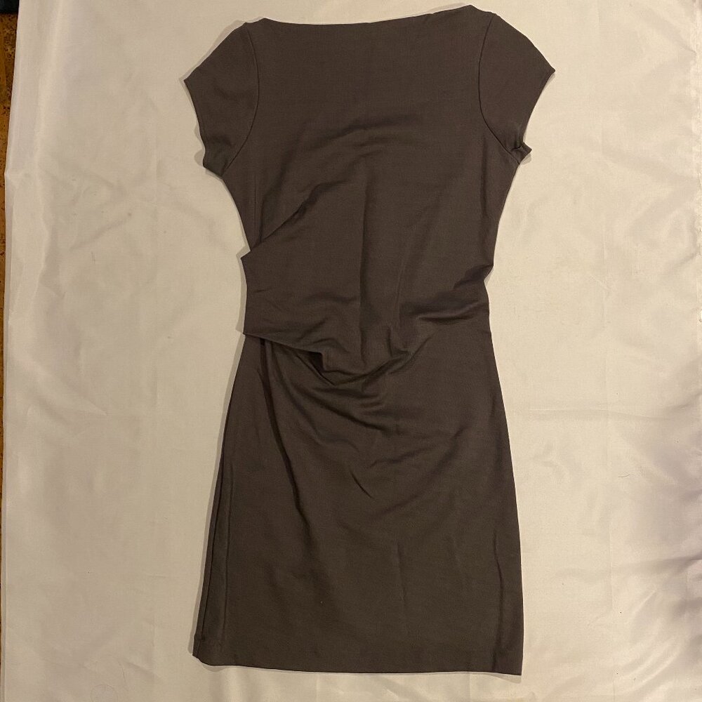 Side Ruched Mini Dress Brown/ Taupe Cap Sleeve Stretch Slim Fit Boat Neck Size S